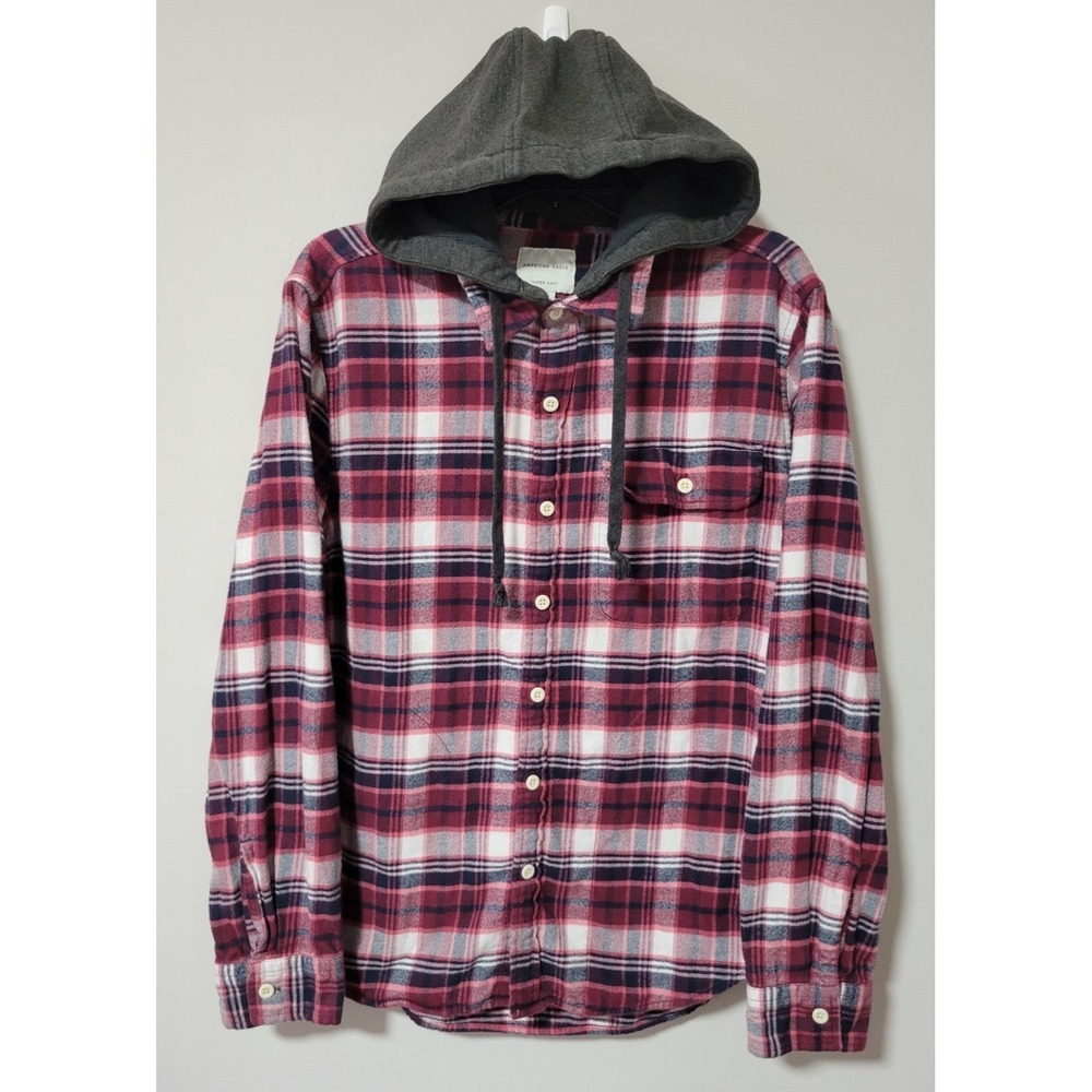 American Eagle Heavyweight Flannel Button Up Shirt Mens Large Red Plaid Hooded